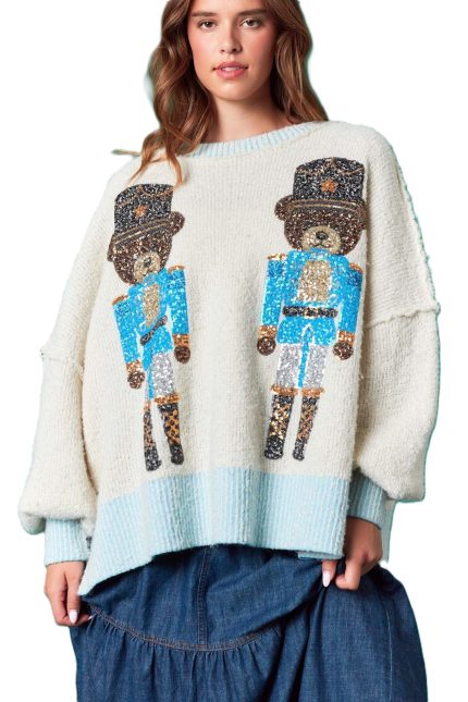 Sequin Bear Nutcracker Sweater W/ 2-tone Rib Knit