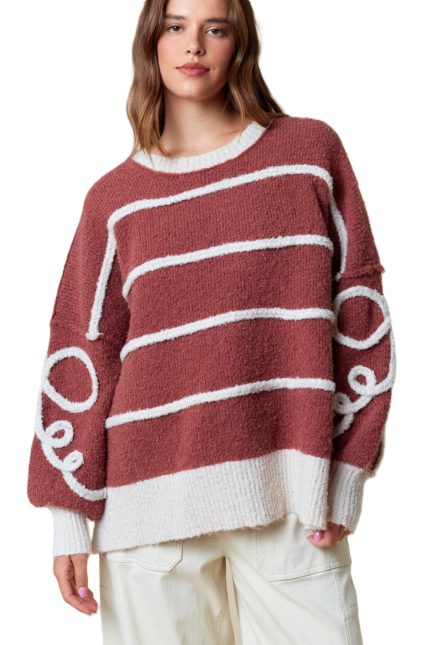 Cord Stripe And Bow Shaped Detailed Sweater