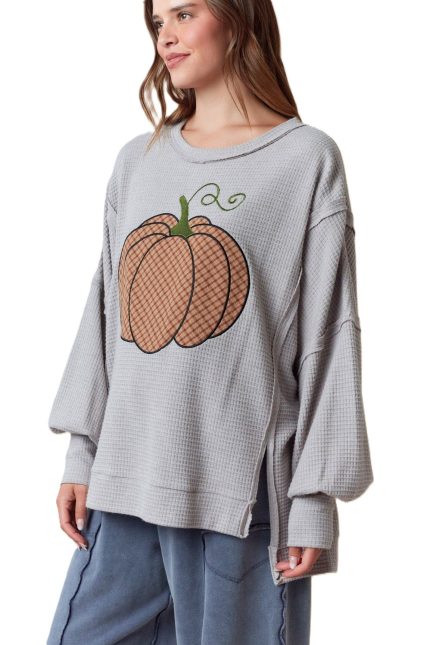 Plaid Pumpkin Embroidery Overseam Sweatshirt