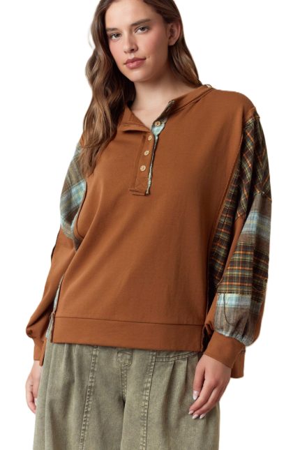 Plaid Color Block Vintage Front Button Pullover