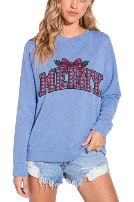 Merry Plaid Print Side Slit Long Sleeve Top