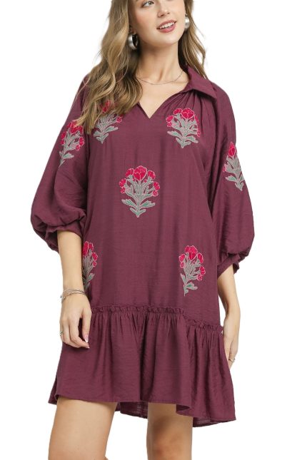 Embroidered Floral Boho Ruffle Hem Dress