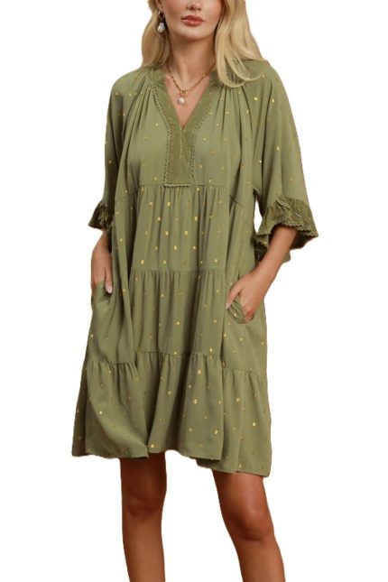 Metallic Dot Tiered Ruffle Sleeve Dress