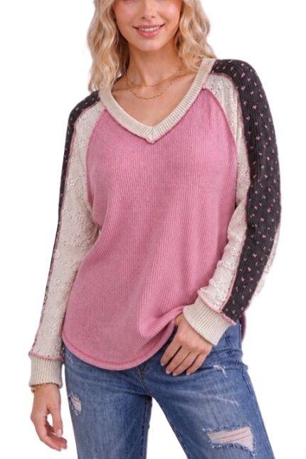 Lace Contrast Ribbed Top
