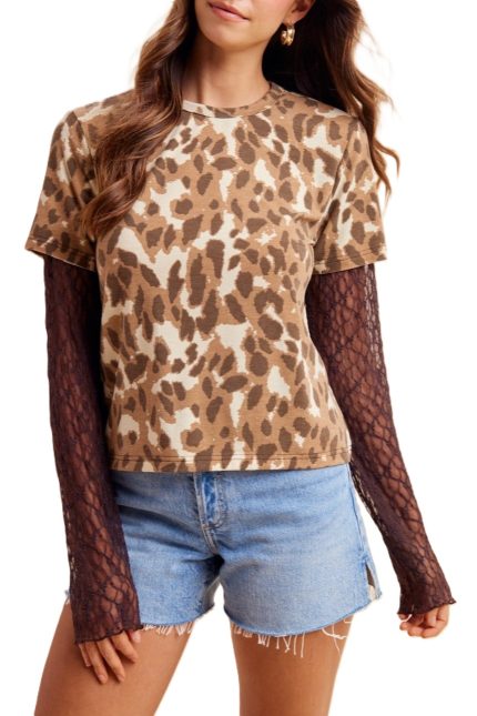Lace Sleeve Layered Leopard Jersey Tee