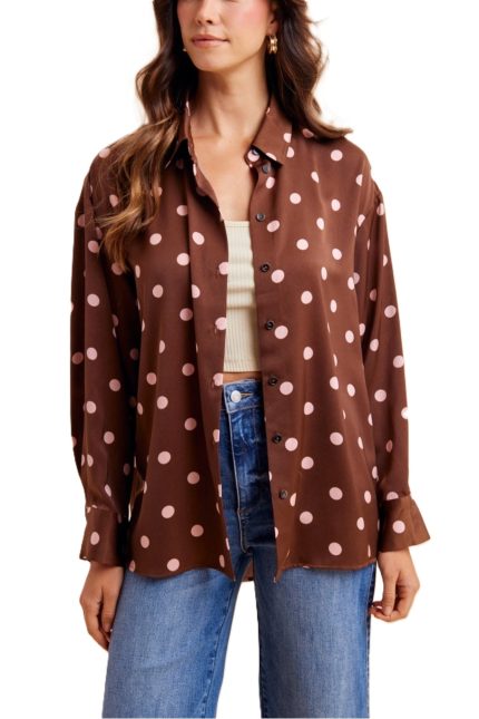 Polka Dot Printed Satin Button Down Shirt