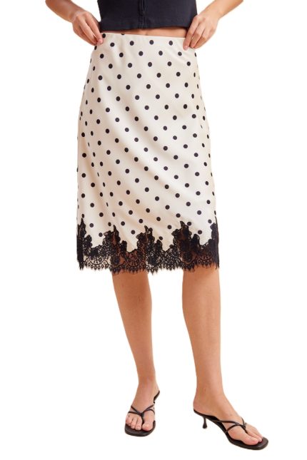 Satin Polka Dot Lace Trimmed Knee Length Skirt