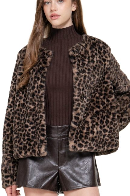 Long Slv Printed Faux Fur Jacket