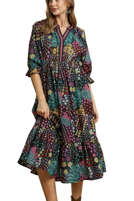 Floral Print V-neck Midi Dress
