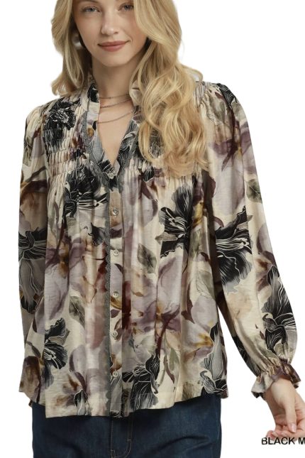 Mix Floral Print Smocked Detail Blouse