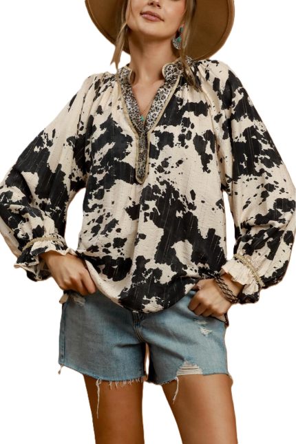 Cowhide Print Contrast Trim Blouse