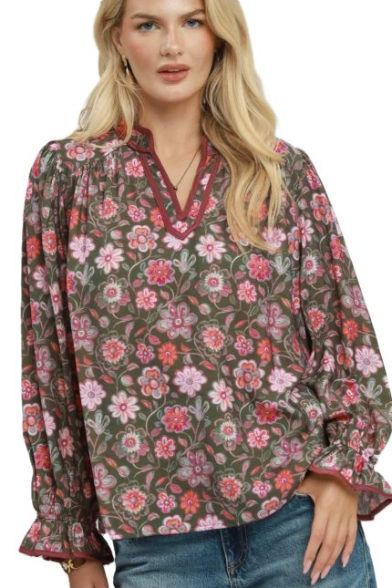 Mix Floral Print Split Neck Blouse