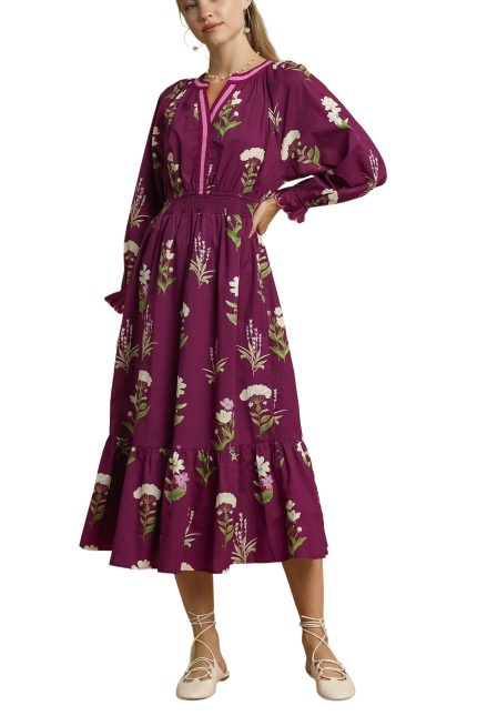 Floral Print V Neck Midi Dress With Ruffled Detail