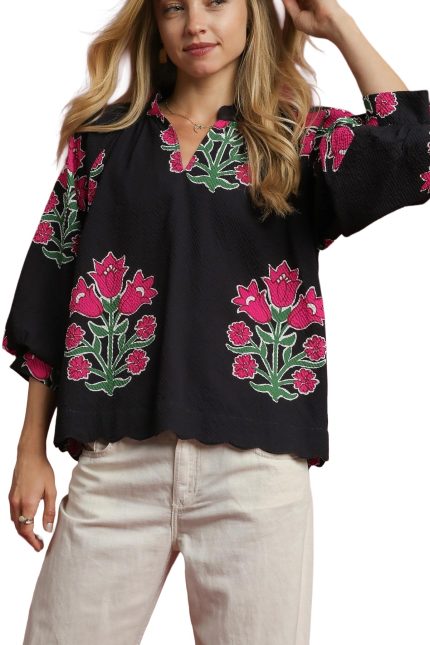 Bubble Sleeved Tulip Print Split V Neck Top