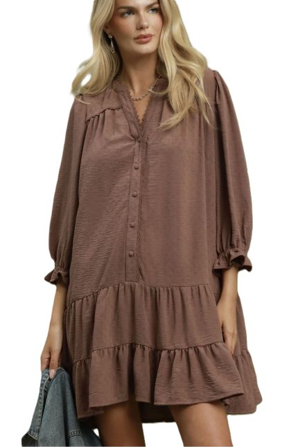 Solid Button Front Tiered Dress