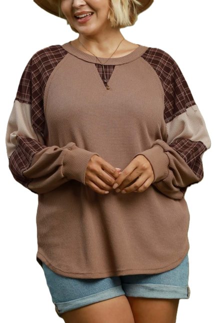Plus Plaid Patchwork Thermal Knit Top