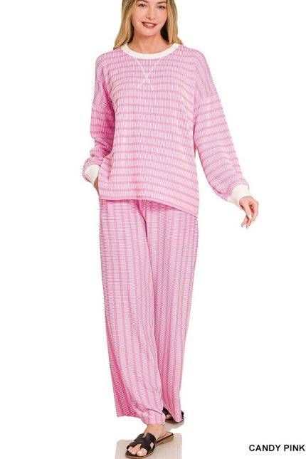 Raised Rib Striped Pullover And Pants Set