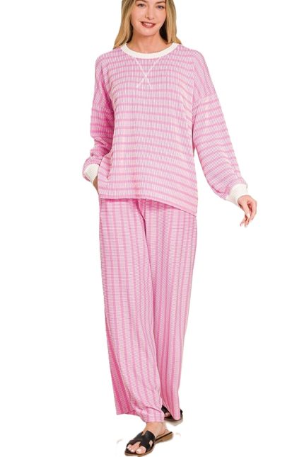 Raised Rib Striped Pullover And Pants Set