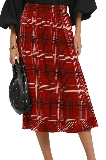 Plaid Ruffle Hem Midi Skirt