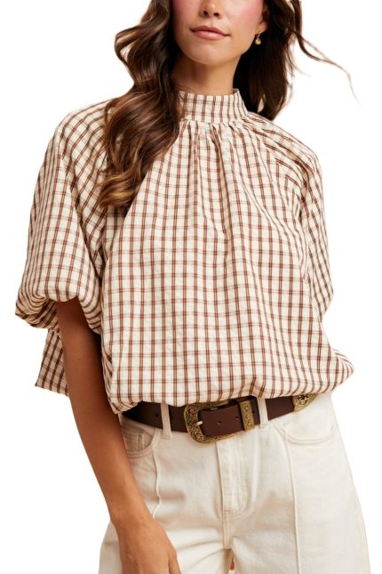 Checker Back Bow Detail Bubble Blouse