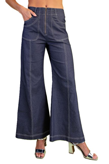Wide Leg Exposed Zipper Pants