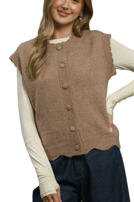 Button Front Scalloped Knit Sweater Vest