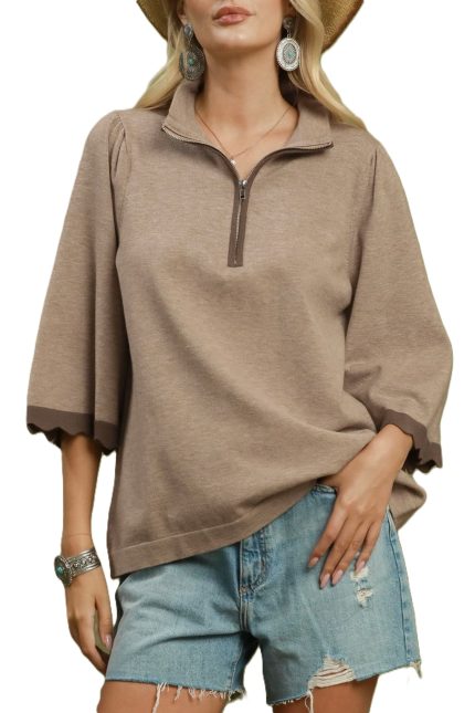 Quarter-zip Scalloped Sleeve Knit Top