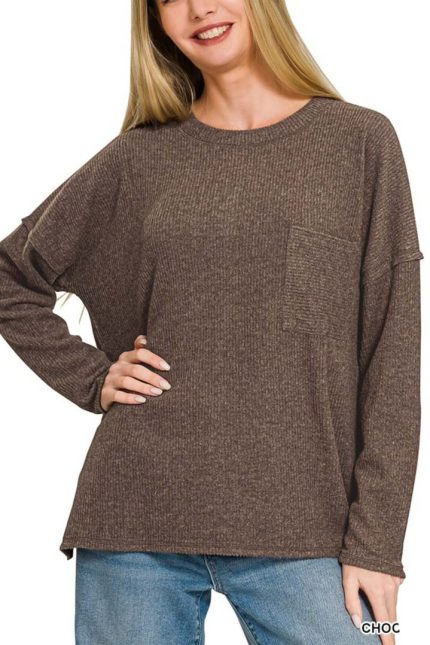 Ribbed Brushed Melange Hacci Sweater With A Pocket