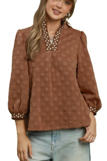 Jacquard Polka Dot Contrast Trim Top