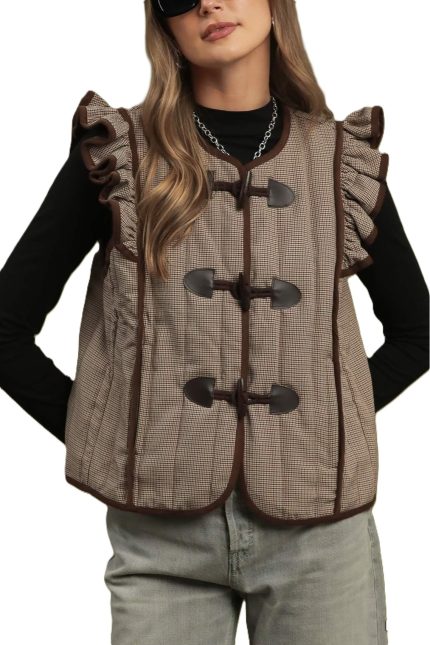 Quilted Vest Ruffle Trim Toggle Front Vest