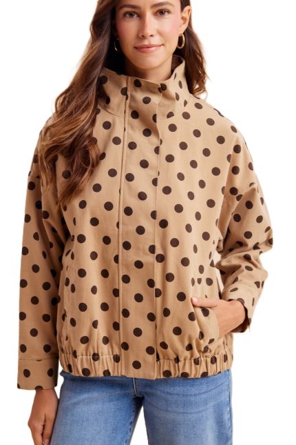 Polka Dot Cotton High Neck Bomber Jacket