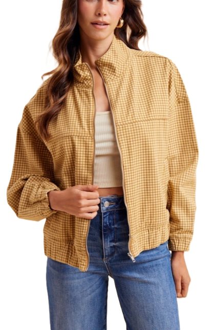 Gingham Stand Collar Zip Up Jacket
