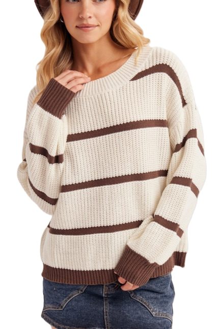 Slouchy One Shoulder Off Stripe Oversized Knit Sweater