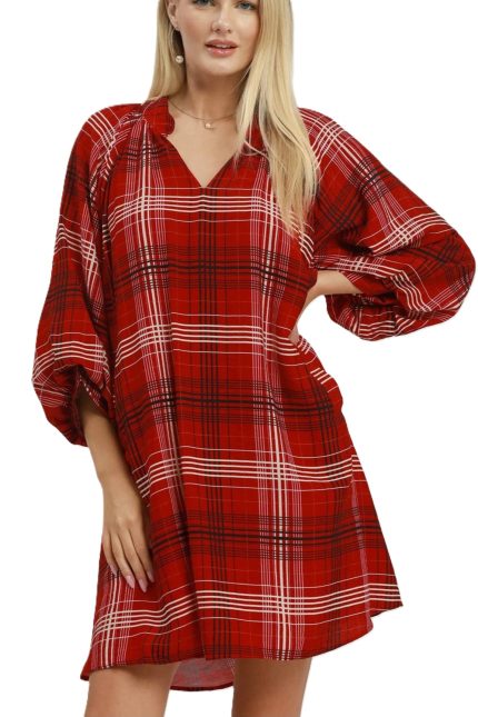 Plaid V-neck Balloon Sleeve Shift Dress