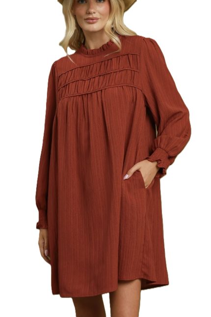 Textured Ruffle Yoke Textured Long Sleeve Shift Dress