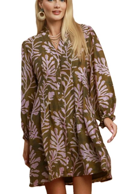 Mix Botanical Print Button Front Shift Dress