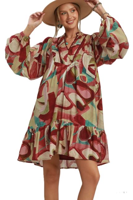 Mix Abstract Print Ruffle Hem Babydoll Dress