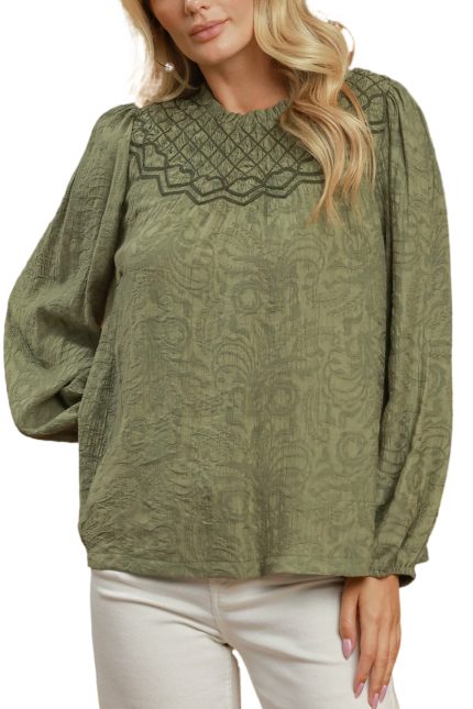 Embroidered Yoke Long Sleeve Top
