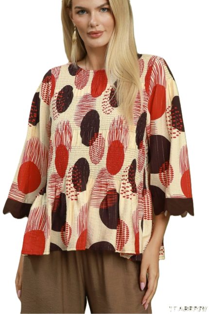 Abstract Dot Smocked Peplum Top