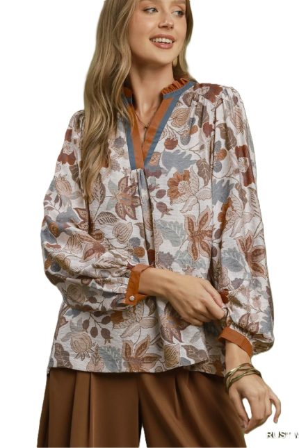 Floral Contrast Trim Long Sleeve Top