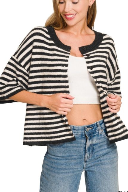 Striped Wool Blend Short Sleeve Cardigan Sweater