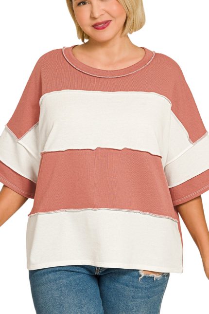 Plus French Terry Color Block Exposed Seam Top