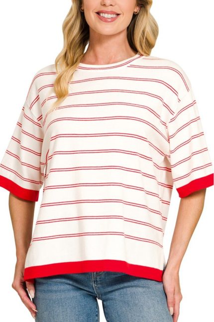 Viscose Stripe Short Sleeve Sweater