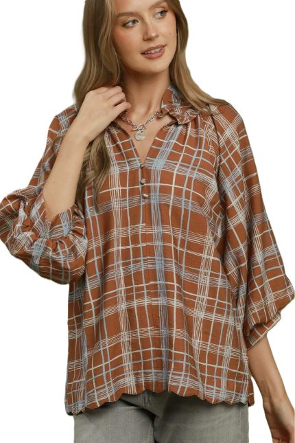 Plaid Print Relaxed Collared Blouse