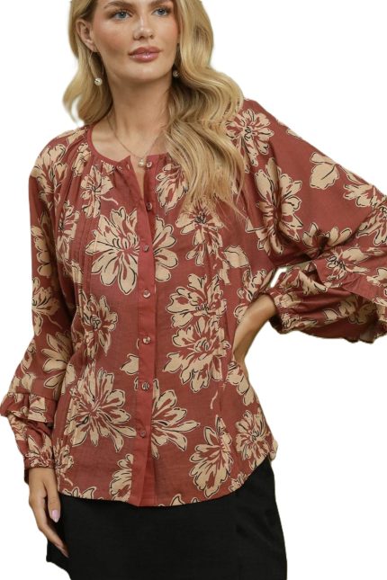 Floral Print Ruffle Sleeve Button-down Blouse