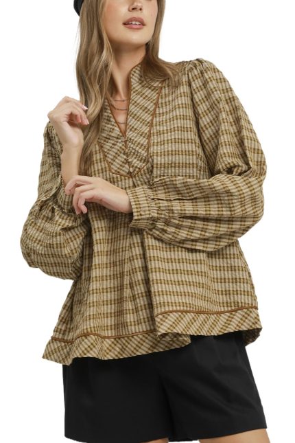 Plaid V-neck Blouse