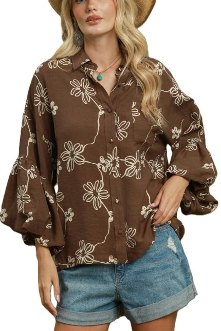 Floral Print Button Front Balloon Sleeve Blouse