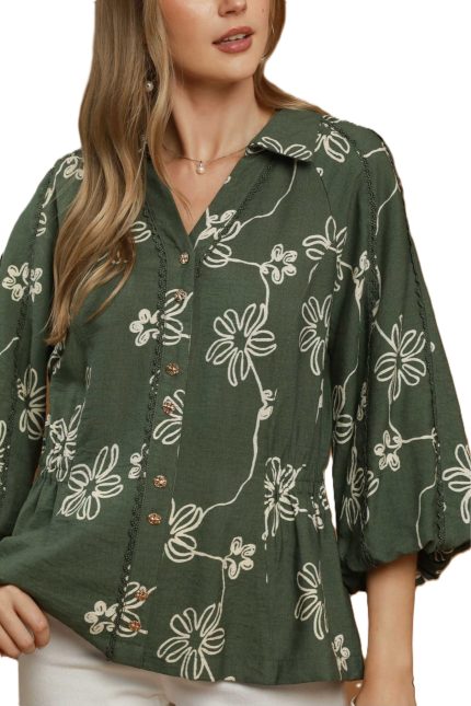 Floral Line Print Button Front Collared Blouse