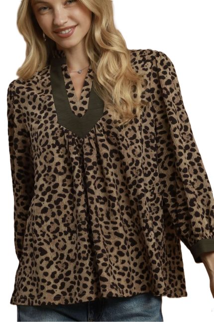 Leopard Print Contrast V-neck Blouse