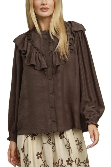 Ruffle Trim Textured Button-down Blouse